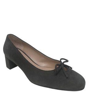 Stuart Weitzman Gabby Grey Slate Suede Bow Round Toe Block Heel Pumps Size 8